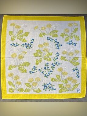 Vintage Yukiko Hanai Cotton Handkerchief Floral Dandelion Print Green Bandana YH